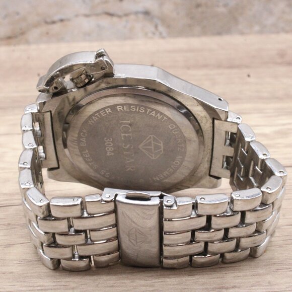 ICE STAR Chronograph Watch Mens Silver Tone Stainless Steel Rhinestones Dial - Picture 8 of 9